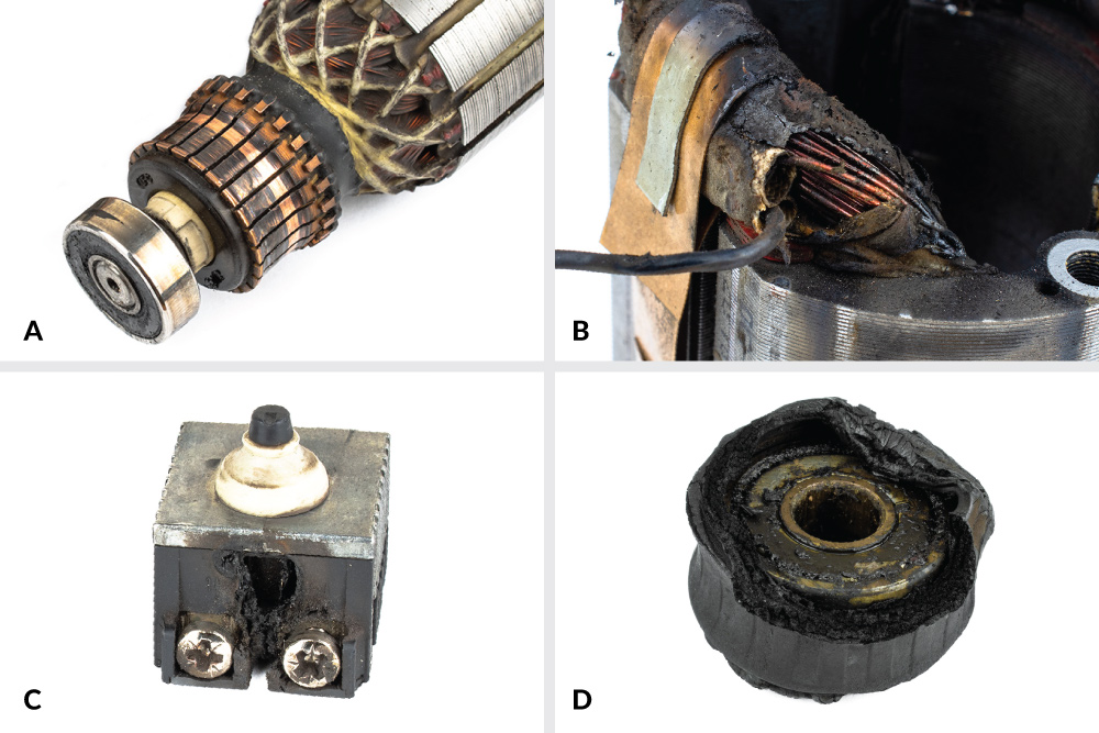 Obr. 6. Poškodený komutátor (A), zhorená izolácia (B) a spínač (C), spálené gumové puzdro ložiska (D)