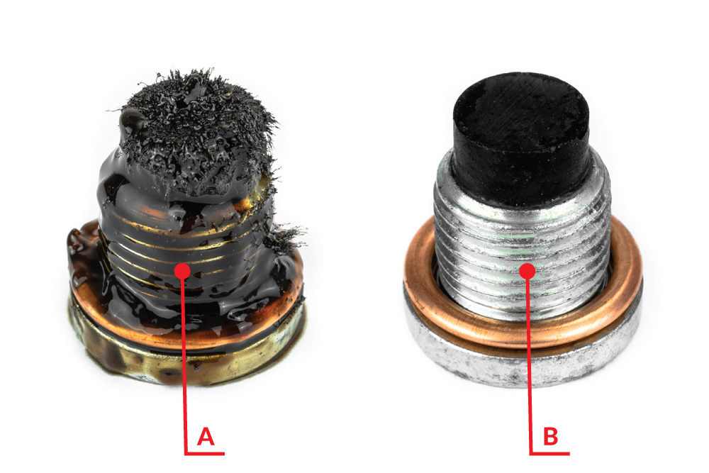 Obr. 1. Zanesená (A) a čistá (B) vypúšťacia skrutka olejovej vane