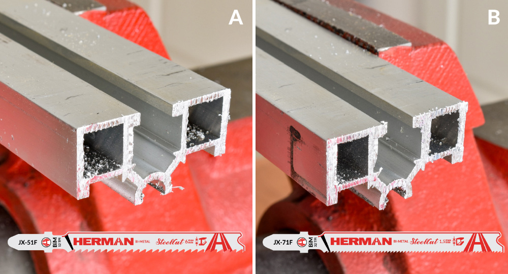 Obr. 4. Rezná plocha hliníkového profilu pri rezaní priamočiarou pílou. Pílový list JX-51F (A) a pílový list JX-71F (B)