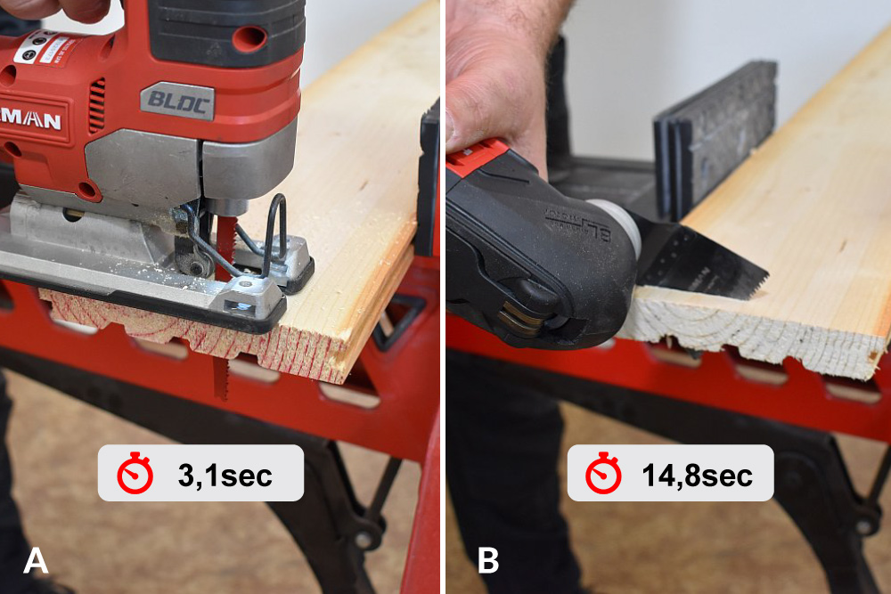 Obr. 3. Pílenie dosky 140x22mm: Priamočiara píla (A), Multitool (B)