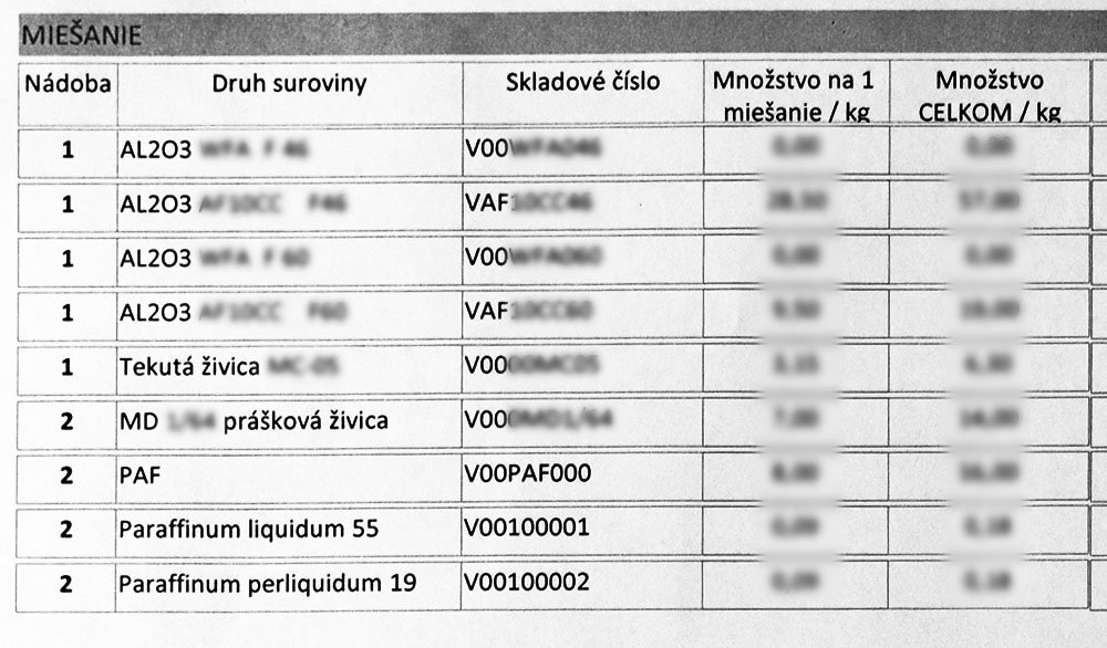 Obr. 1. Receptúra pre miešanie abrazívnej zmesi